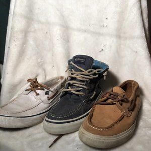 Bundle of 3 Pairs of Sperrys - Tan Low Top, Navy High Top, and White Low Top